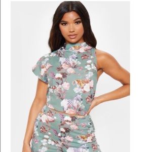 Sage Green Floral High Neck One Shoulder Blouse